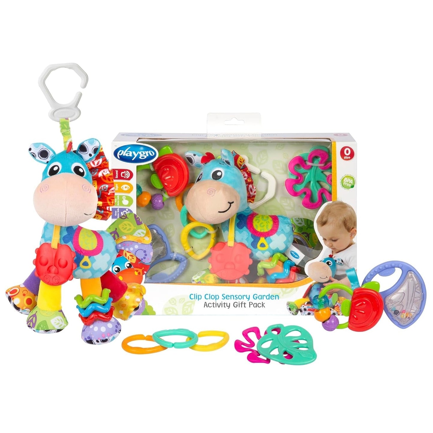 Playgro Clip Clop Confezione Regalo Attività Sensoriali da Giardino - Giocattolo da Giardino Sensoriale per Bambini da 0 Mesi - Giocattolo Interattivo con Sonagli, Massaggiagengive e Amico del Passeggino - 4 Pezzi