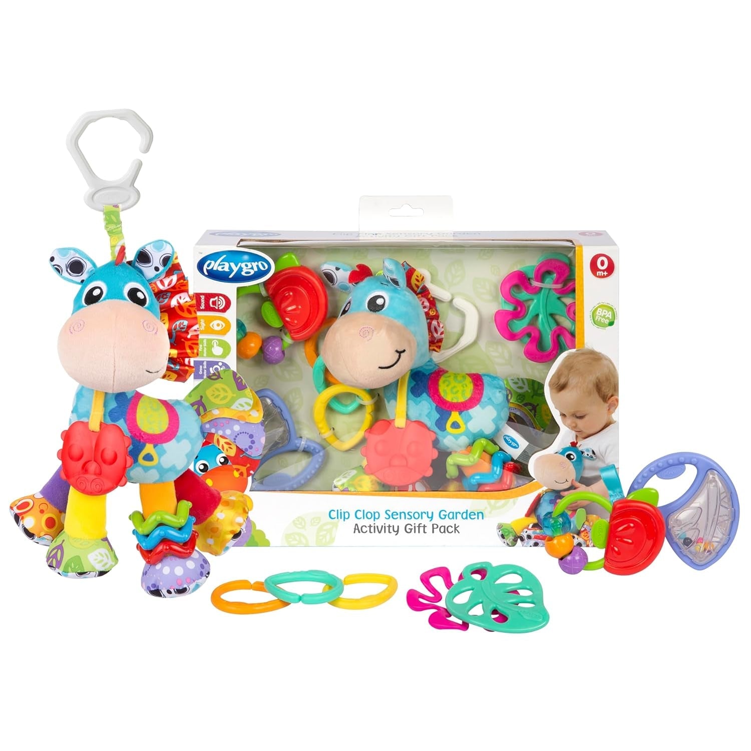 Playgro Clip Clop Confezione Regalo Attività Sensoriali da Giardino - Giocattolo da Giardino Sensoriale per Bambini da 0 Mesi - Giocattolo Interattivo con Sonagli, Massaggiagengive e Amico del Passeggino - 4 Pezzi