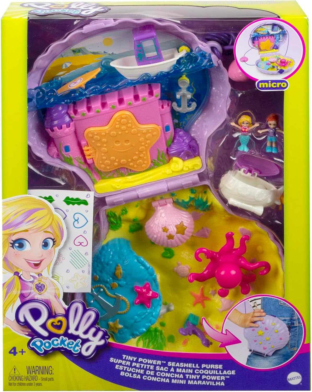 Polly Pocket Scatola Portaoggetti Borsa a Conchiglia con 2 Bambole e 1 Sottomarino Polly Pocket Sirena Giocattolo Età 4+ GNH11