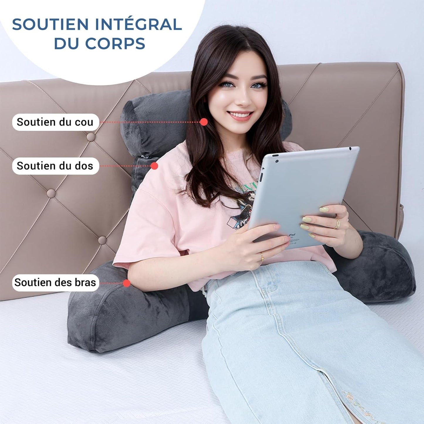 INFANZIA cuscino da lettura ergonomico con braccioli, supporto schienale in memory foam, grigio, M
