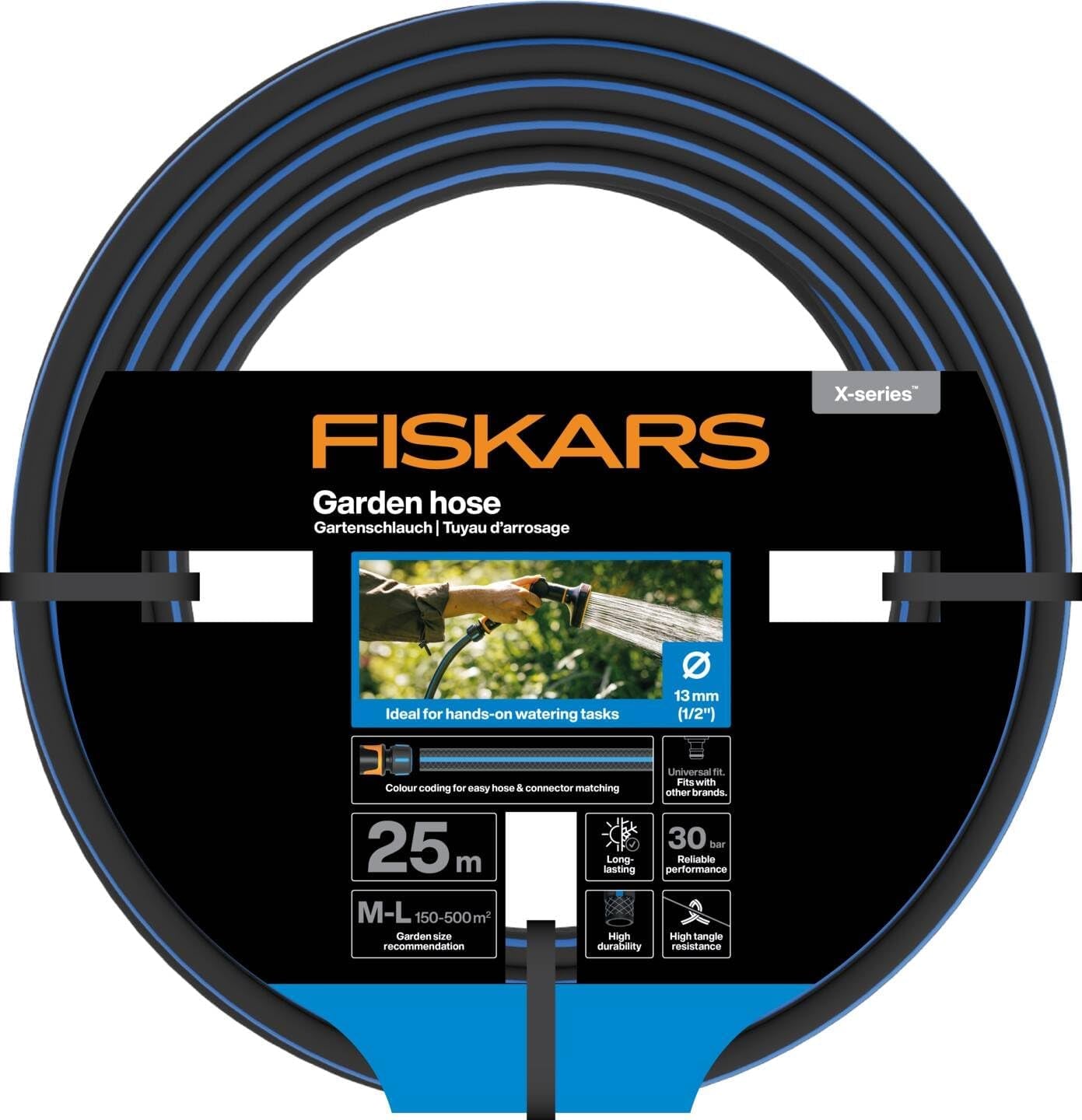Fiskars Tubo da giardino ML Serie X Tubo dell'acqua per irrigazione manuale 13 mm (1/2"), Lunghezza: 25 m, Collegamento universale, Protezione UV, Protezione antigelo, Resistente alla torsione, Blu, 1076045