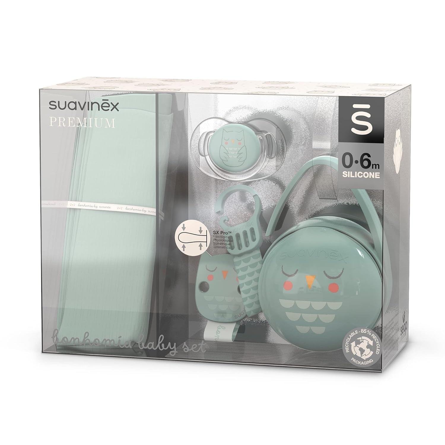 Set regalo Suavinex per neonati. Set 4 pezzi composto da: Succhietto fisiologico SX Pro per neonati 0-6 mesi + portaciuccio + copriciuccio Duo + anello dentizione in silicone. Paese delle meraviglie, beige