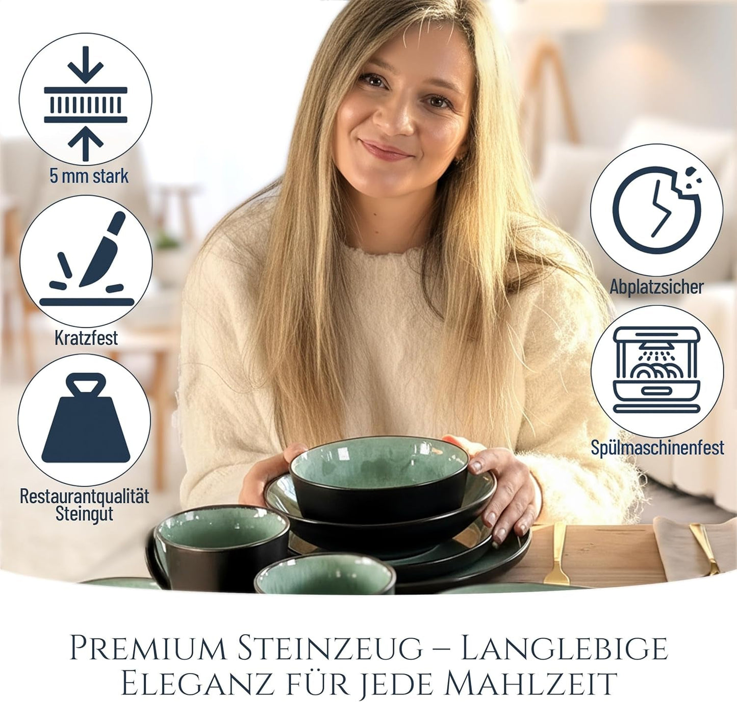 Servizio stoviglie 24 pezzi in gres ceramica per 6 persone, design Ibiza, VINCITORE DEL TEST. Uno splendido set di stoviglie mediterranee che comprende ciotole e piatti. Servizio da tavola Pure Living, verde salvia.
