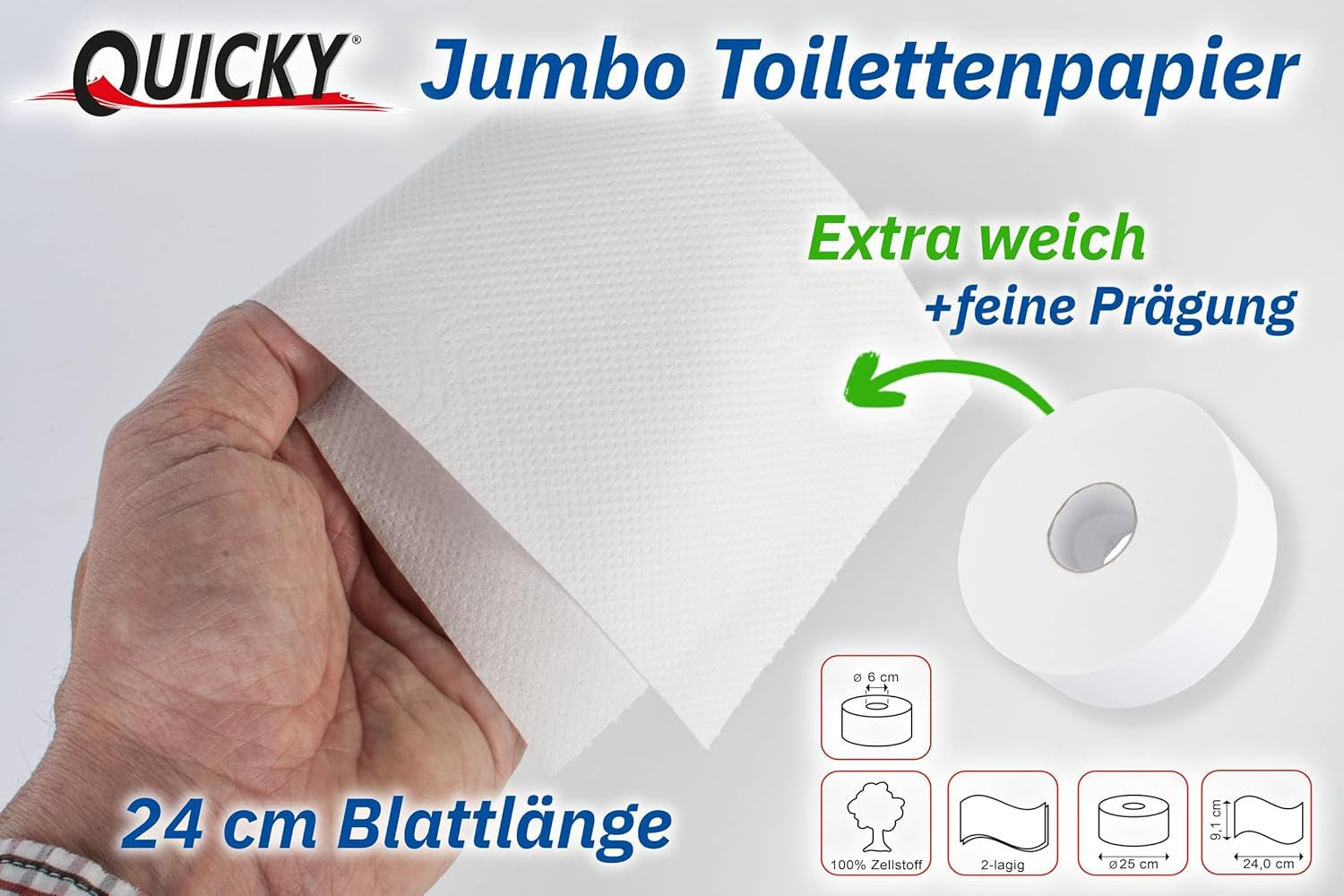 Carta Igienica Quicky Jumbo 2 Veli, Ø 25 cm, Bianco Brillante, Goffrata Puntini Fini, 6 Rotoli - assorbente e antistrappo per la massima igiene, ideale per enti pubblici e industria