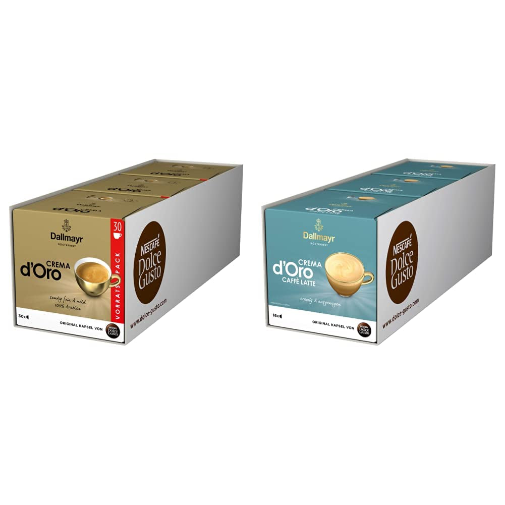 Dallmayr Crema d'Oro, XXL-Vorratsbox (3 x 30 Kapseln) & Dallmayr Crema d'Oro Caffè Latte (48 Kaffeekapseln, 48 Getränke, cremig & ausgefungen) Confezione da 3 (3 x 16 Kapseln)