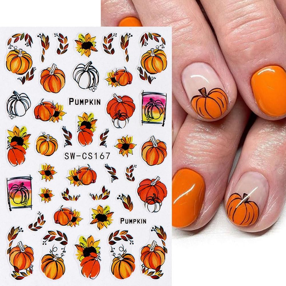 Adesivi per unghie autunnali 3D Adesivi per unghie foglie di zucca Linea geometrica Fiori Adesivi per unghie Design del Giorno del Ringraziamento Adesivi per unghie Autunno Zucca per unghie Accessori per unghie Nail Art
