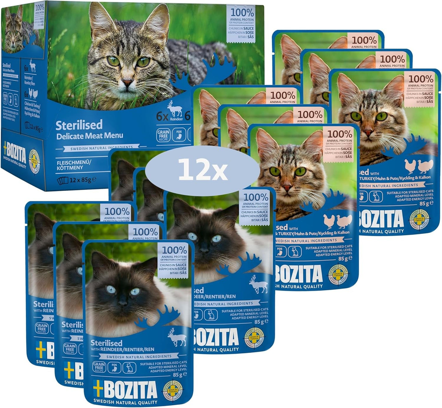 Bozita Multibox Cibo Umido Sterilizzato - Pezzi in Ragù di Carne - 12 Bustine Porzionate x 85g Confezione Mista Senza Cereali e Grano - Cibo per Gatti con 8,5% di Proteine ​​e 3,5% di Grassi