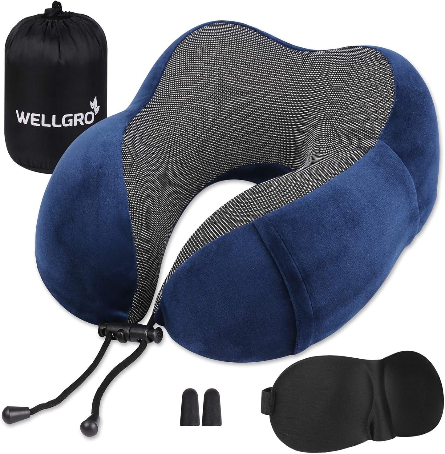 WELLGRO Set Cuscini per Collo con Mascherina per Dormire 3D e Tappi per Le Orecchie - Fodera Rimovibile - Memory Foam - Chiusura con Cerniera - Include Custodia - Cuscino da Viaggio - Colore Selezionabile, Colore:Grigio Cuscini Ortopedici Cervicali Naty Shop Blu Scuro