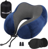 WELLGRO Set Cuscini per Collo con Mascherina per Dormire 3D e Tappi per Le Orecchie - Fodera Rimovibile - Memory Foam - Chiusura con Cerniera - Include Custodia - Cuscino da Viaggio - Colore Selezionabile, Colore:Grigio Cuscini Ortopedici Cervicali Naty Shop Blu Scuro