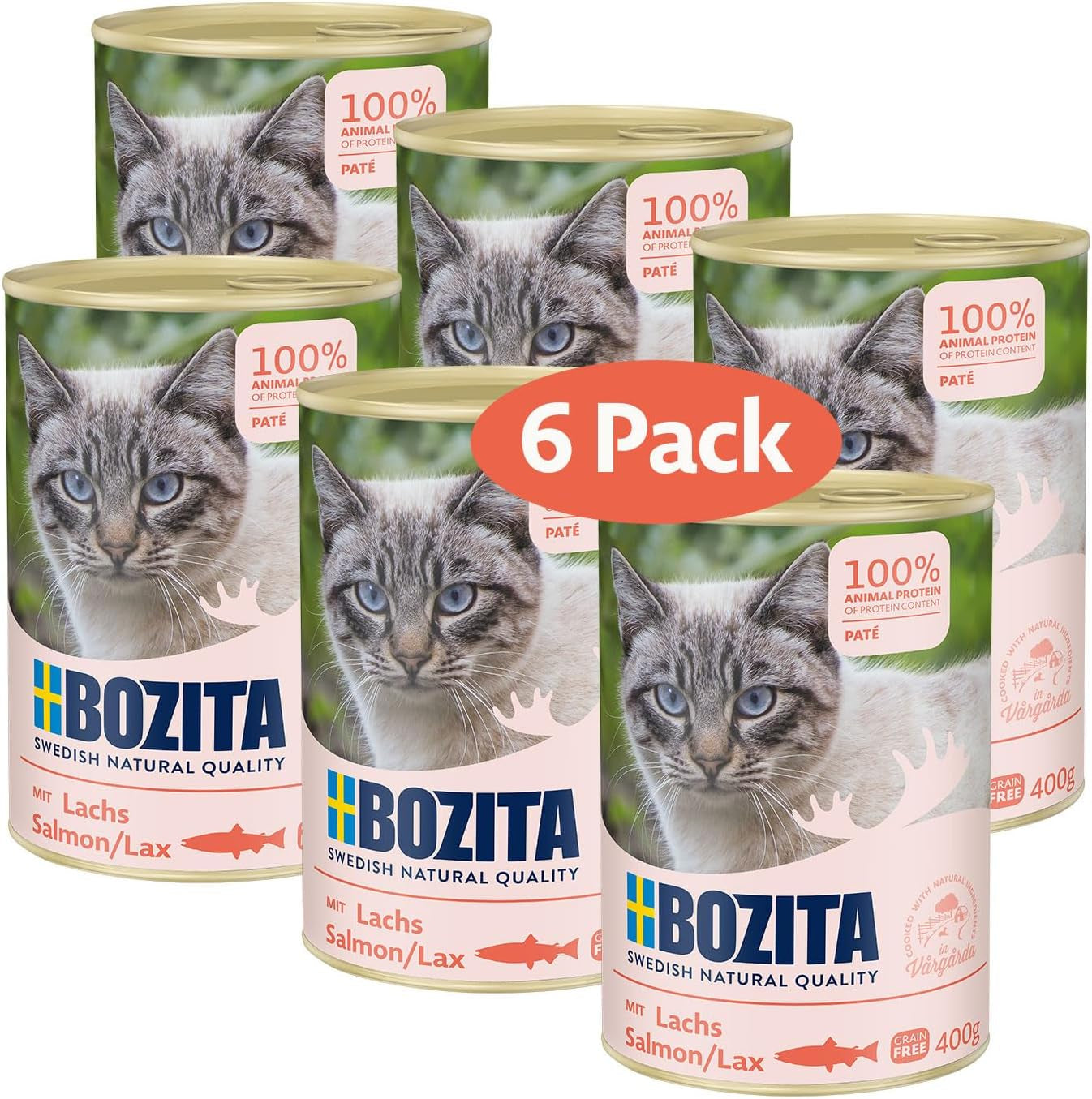 Bozita paté di salmone senza cereali – 6 x 400 g di cibo umido per gatti e gattini. Alimento completo con il 9,5% di proteine ​​e il 5% di grassi, realizzato con ingredienti naturali di alta qualità, senza cereali - dalla Svezia
