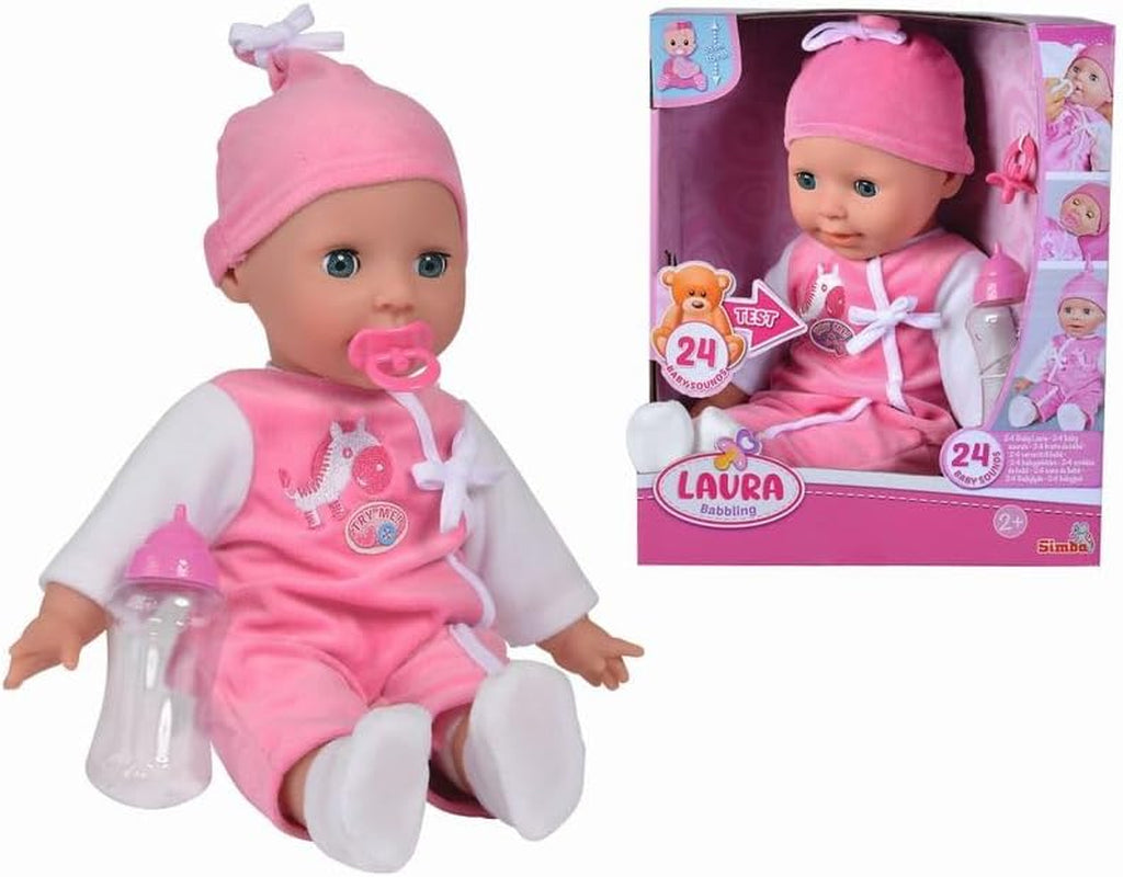 Simba 105140489 - Laura Baby Talk Doll, bambola dal corpo morbido da 38 cm con occhi assonnati in tutina carina, 24 suoni del bambino, bambola da gioco, bambolina, dai 2 anni in su