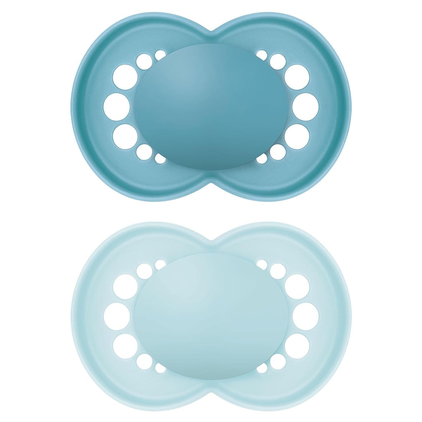 Ciucci originali MAM, confezione da 2, ciucci per bambini amici dei denti, realizzati con materiali sostenibili e biorigenerabili, tettarelle in silicone MAM SkinSoft, con scatola per ciuccio, 6-16 mesi, blu/azzurro