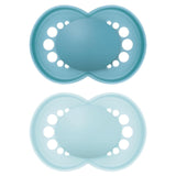Ciucci originali MAM, confezione da 2, ciucci per bambini amici dei denti, realizzati con materiali sostenibili e biorigenerabili, tettarelle in silicone MAM SkinSoft, con scatola per ciuccio, 6-16 mesi, blu/azzurro