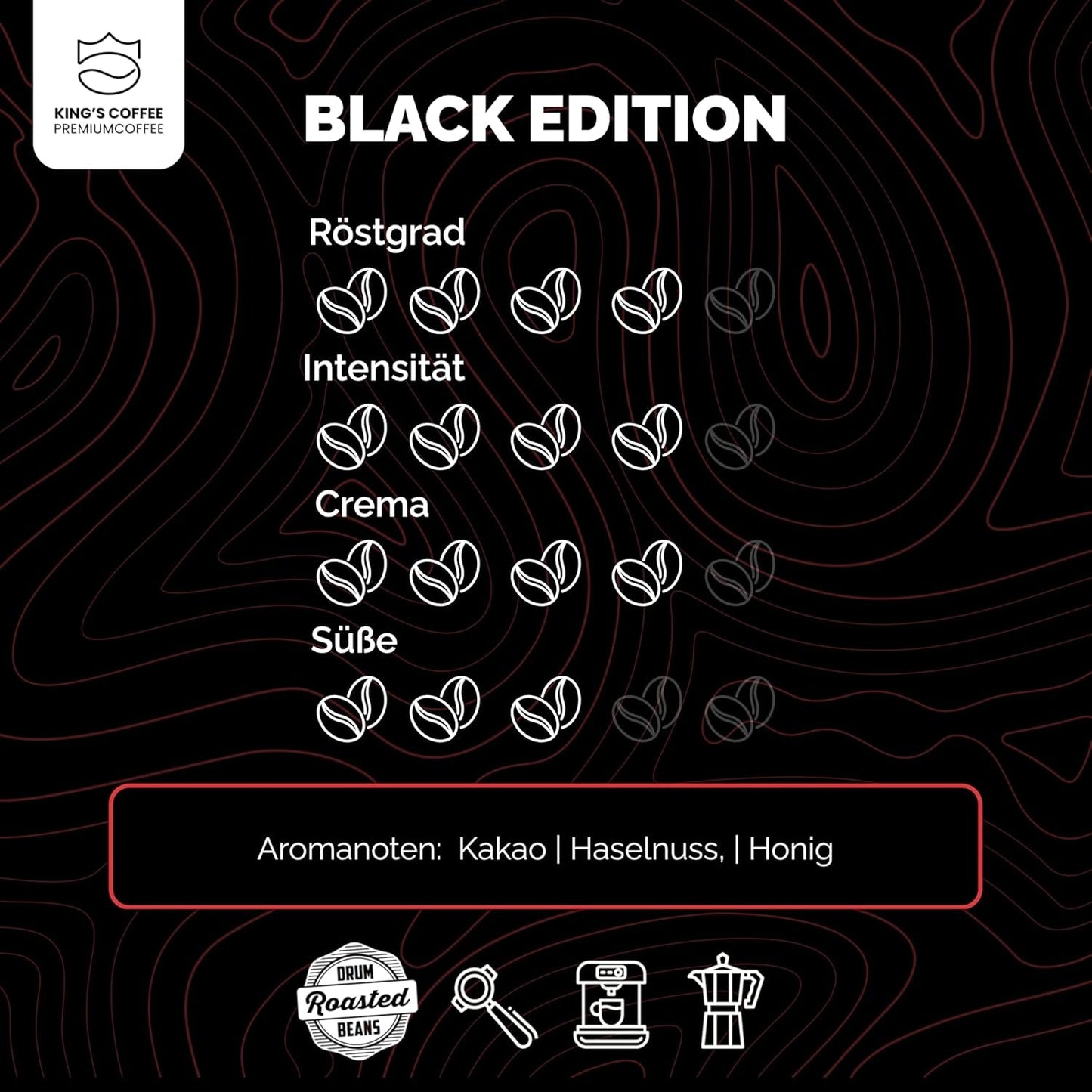 KING'S COFFEE - BLACK EDITION - Caffè in grani dalla crema intensa da 1 kg - Caffè a bassa acidità - Tostatura in piccoli lotti dall'Italia - Grani di caffè espresso Arabica forte (miscela) per macchine completamente automatiche e portafiltro