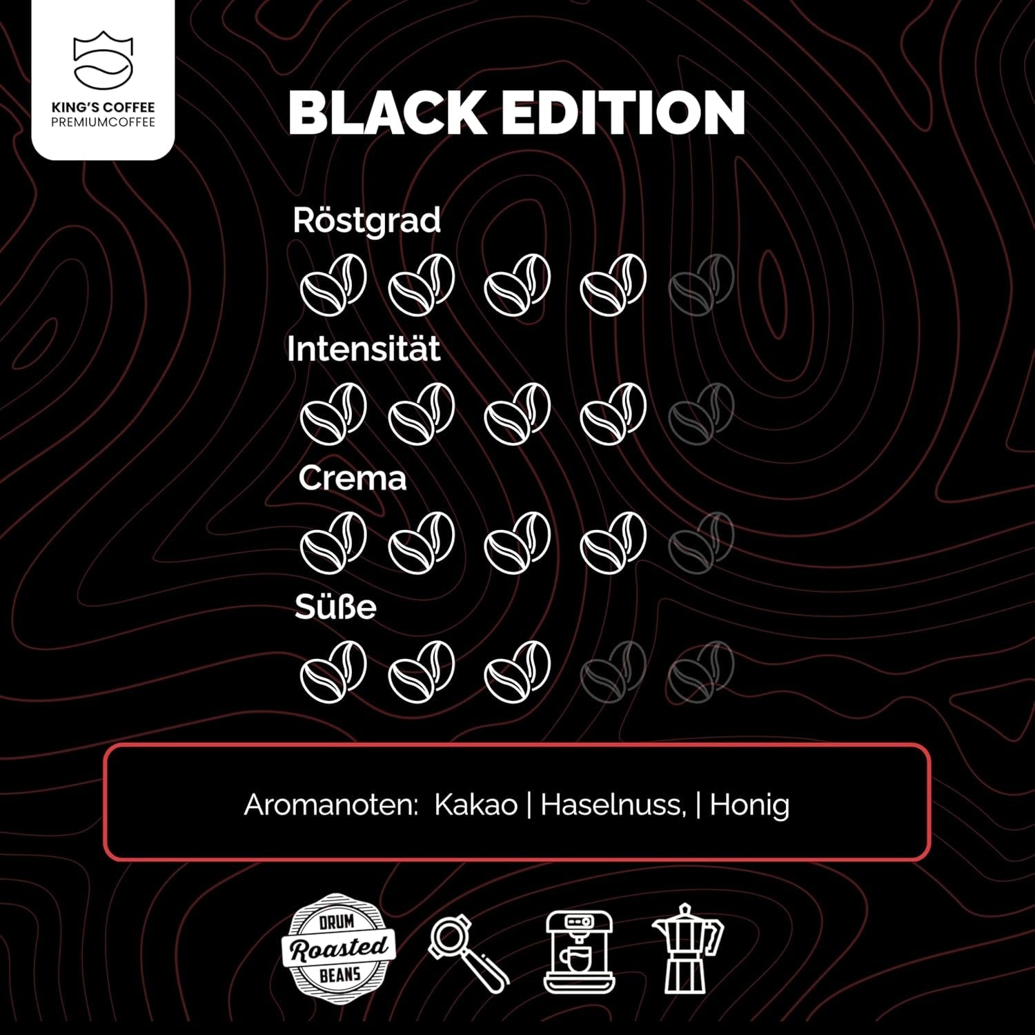 KING'S COFFEE - BLACK EDITION - Caffè in grani dalla crema intensa da 1 kg - Caffè a bassa acidità - Tostatura in piccoli lotti dall'Italia - Grani di caffè espresso Arabica forte (miscela) per macchine completamente automatiche e portafiltro