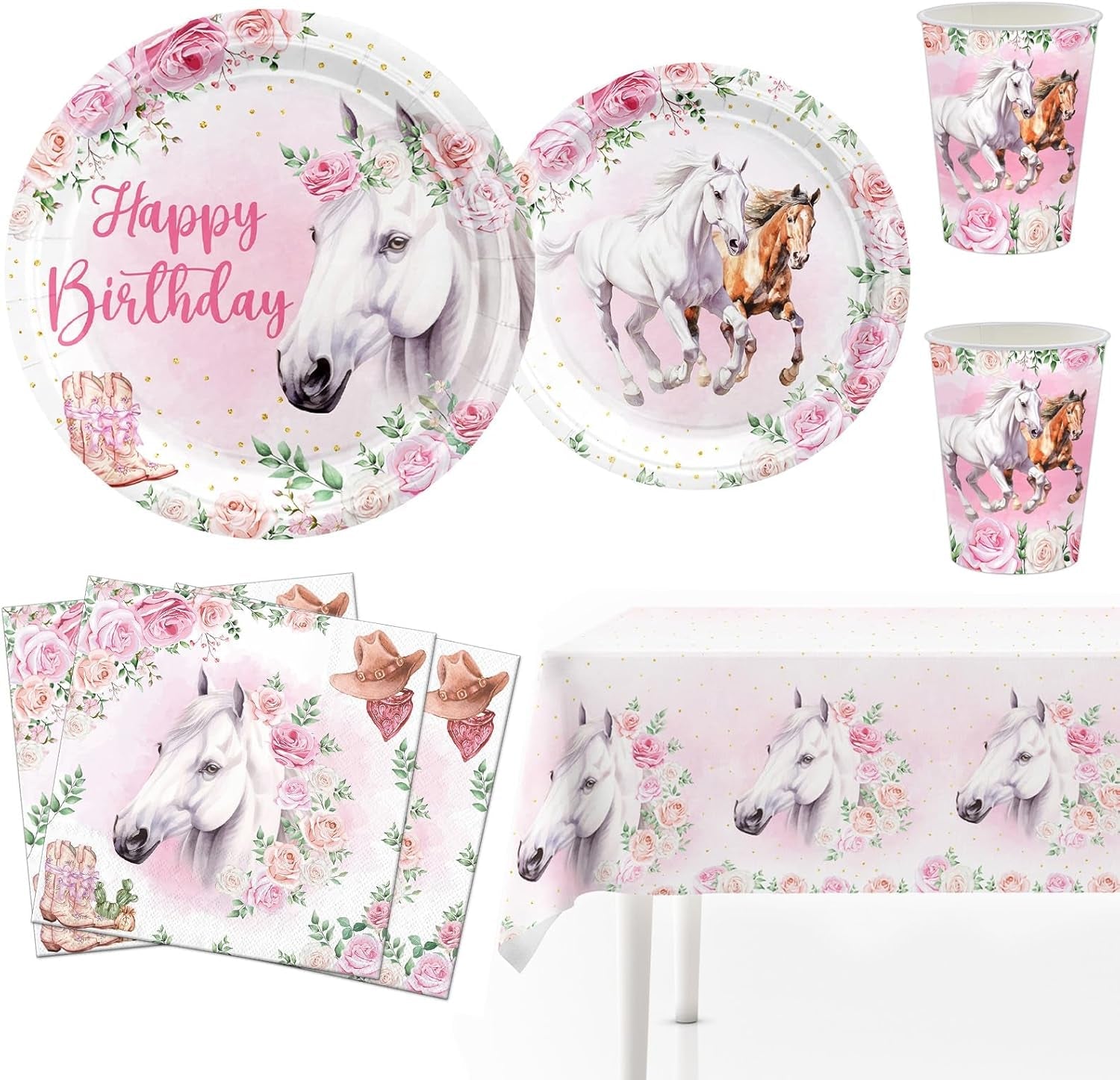 Set da 51 pezzi per feste, piatti di carta, tazze, tovaglioli, cavallo rosa, per bambini, ragazze, ragazzi, compleanno, decorazione da tavola con cavallo