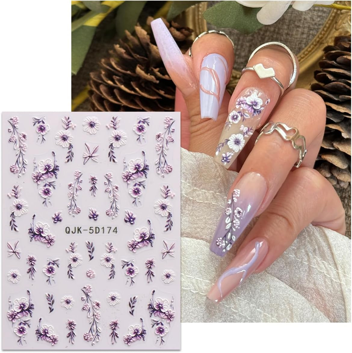 JMEOWIO 3D Nagelsticker Blumen Nail Art Sticker Selbstklebend Nagelaufkleber 5D Stereoscopico Frühling Sommer Dekoration Nageldesign Zubehör 4 Blatt