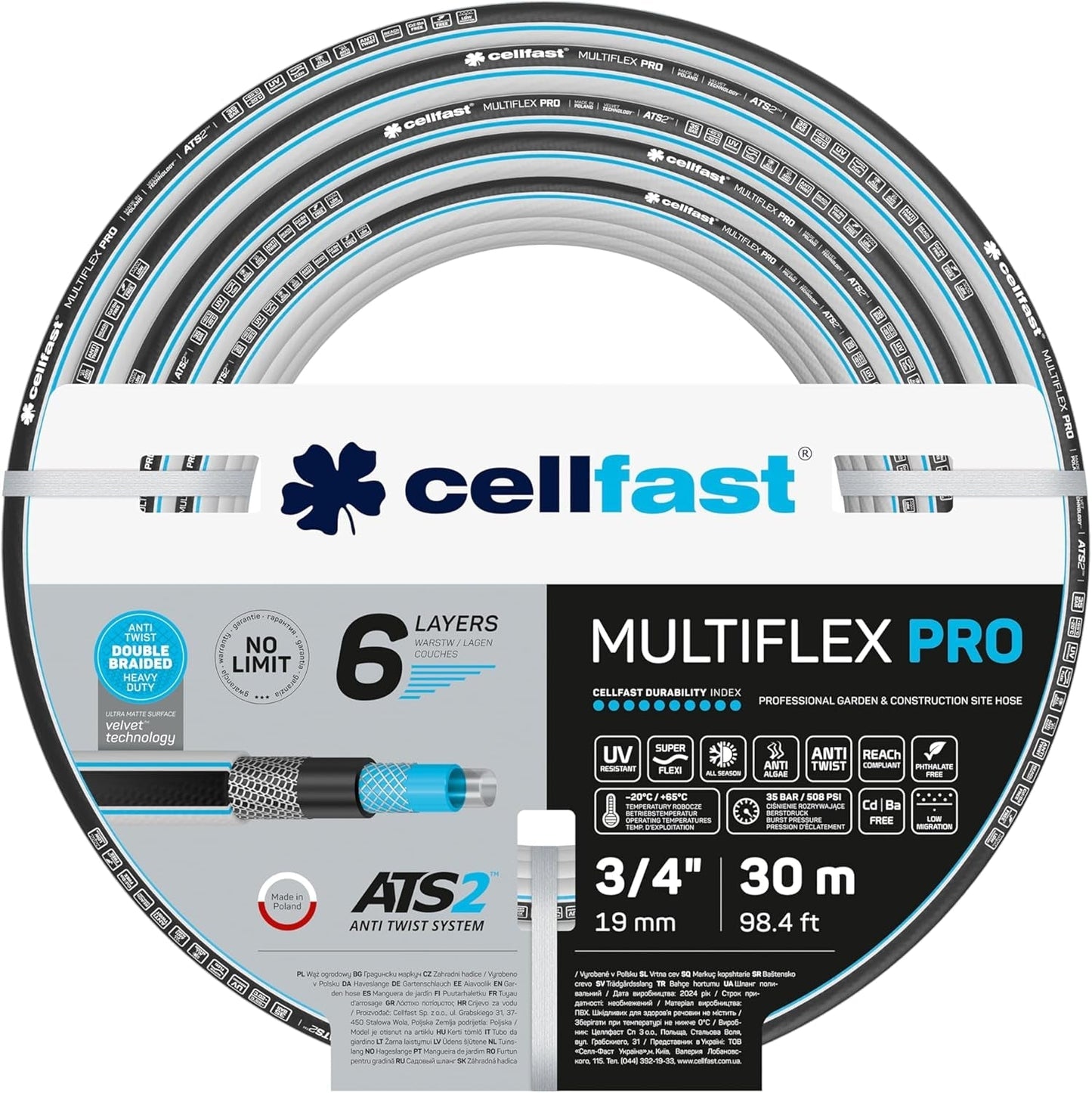 Tubo da giardino Cellfast MULTIFLEX PRO, durevole, 6 capi, treccia lavorata ATS2, resistente ai raggi UV e alle alghe, senza metalli pesanti, tecnologia Velvet, 35 bar, -20/+65°C, 3/4", 30m