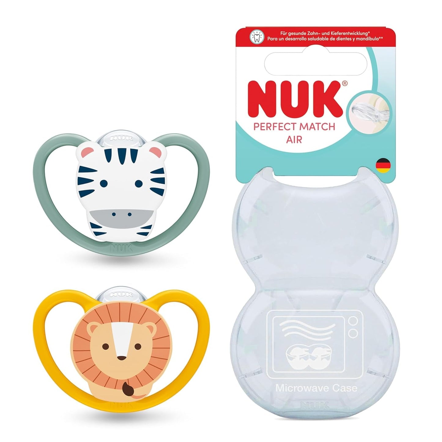 Ciucci NUK Perfect Match per neonati | 6-18 mesi | Ciucci ortodontici che favoriscono la circolazione dell'aria e prevengono le eruzioni cutanee causate dalla saliva | 95% di accettazione da parte dei bambini** | Zebra/Leone | Confezione da 2