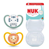 Ciucci NUK Perfect Match per neonati | 6-18 mesi | Ciucci ortodontici che favoriscono la circolazione dell'aria e prevengono le eruzioni cutanee causate dalla saliva | 95% di accettazione da parte dei bambini** | Zebra/Leone | Confezione da 2