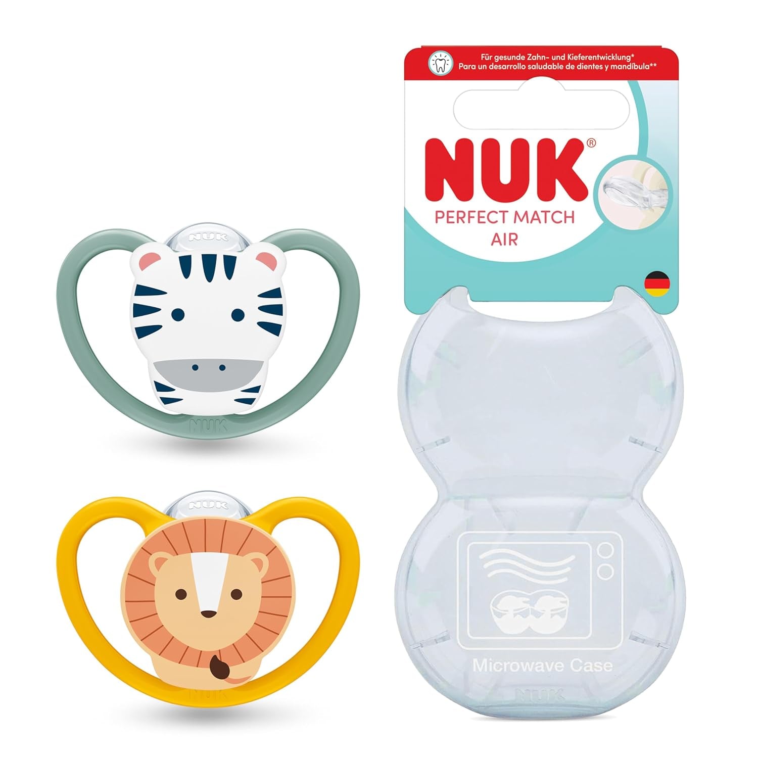 Ciucci NUK Perfect Match per neonati | 6-18 mesi | Ciucci ortodontici che favoriscono la circolazione dell'aria e prevengono le eruzioni cutanee causate dalla saliva | 95% di accettazione da parte dei bambini** | Zebra/Leone | Confezione da 2
