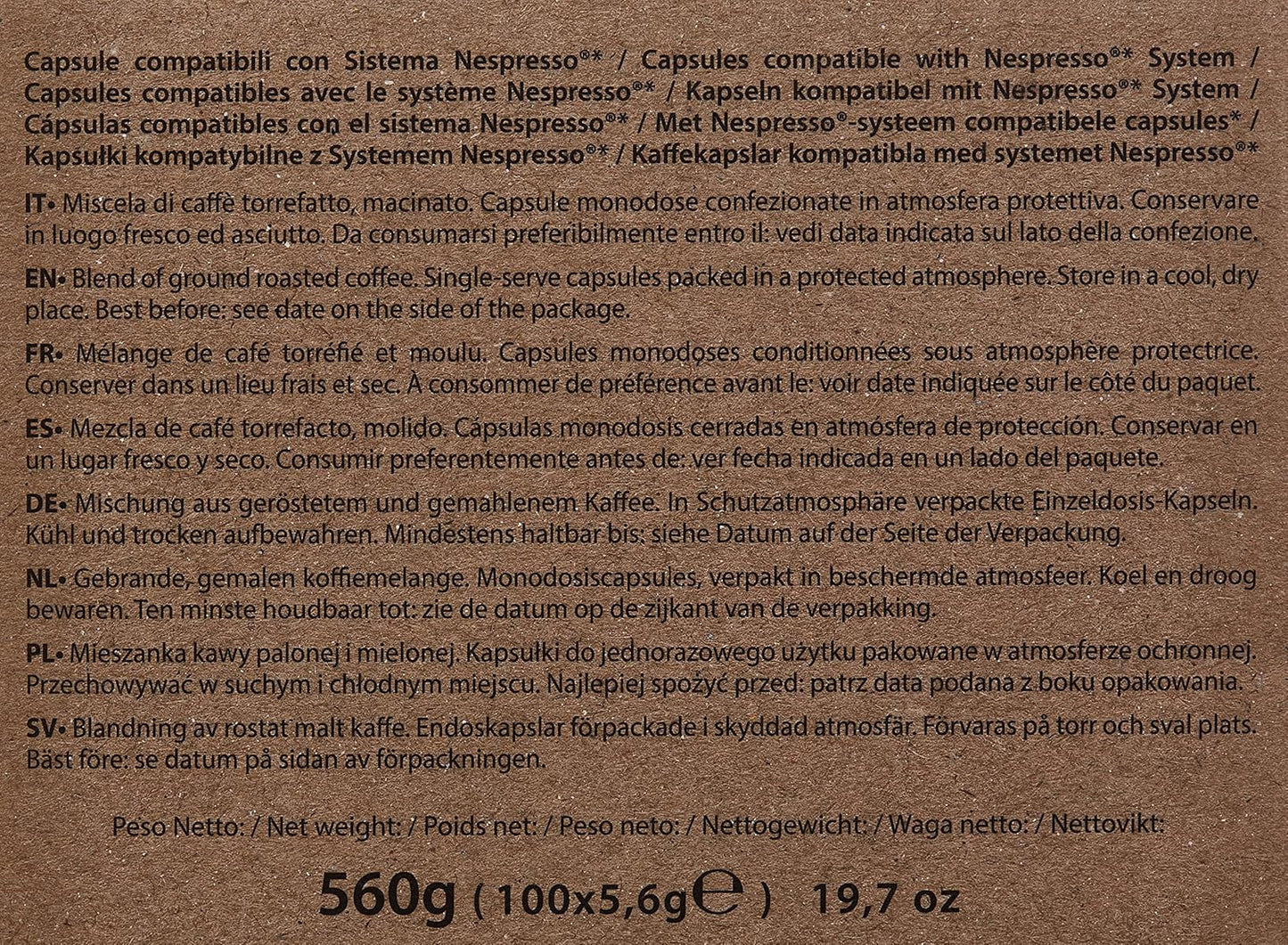 Capsule Caffè Decaffeinato Compatibili Nespresso 5,6g x 100 capsule