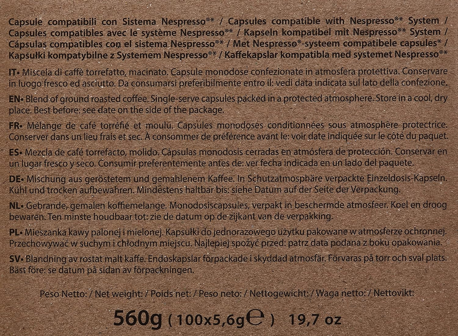 Capsule Caffè Decaffeinato Compatibili Nespresso 5,6g x 100 capsule
