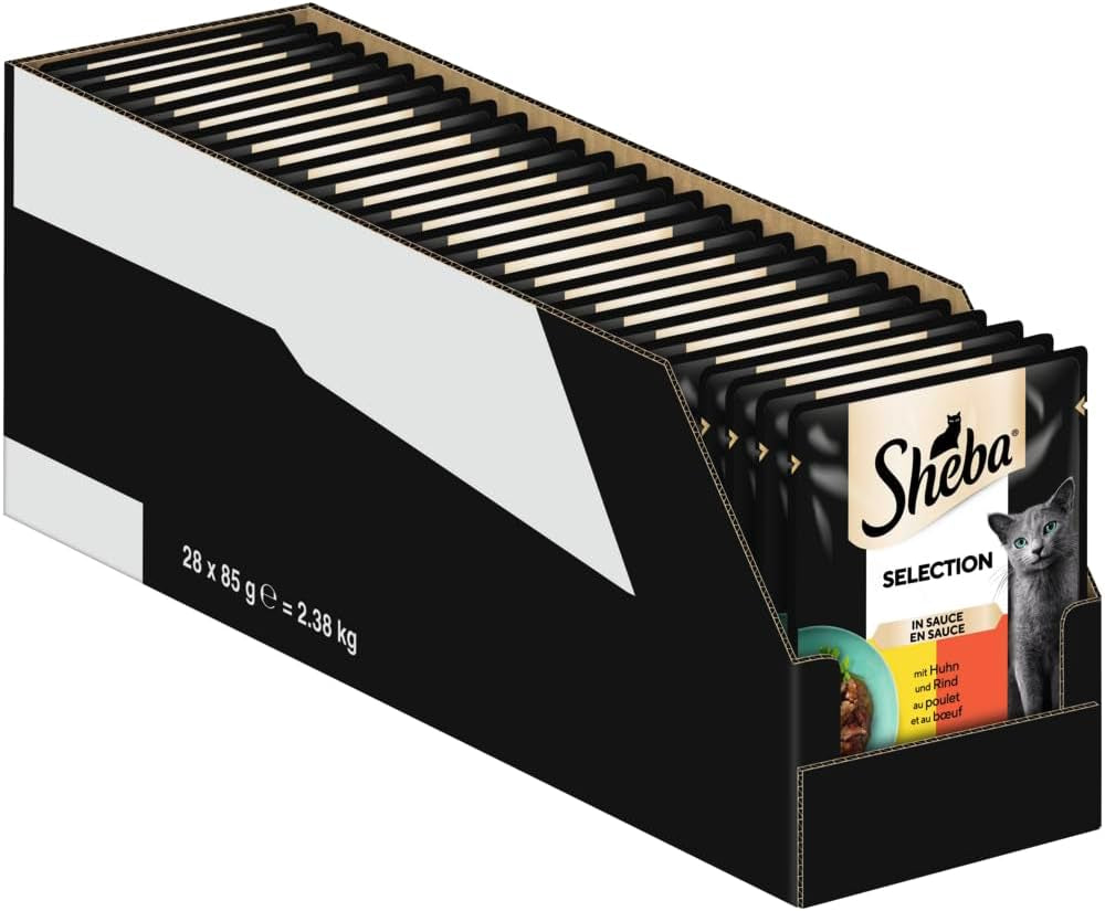 Alimento umido per gatti Sheba Selection in buste porzionate con pollo e manzo in salsa 28x85g