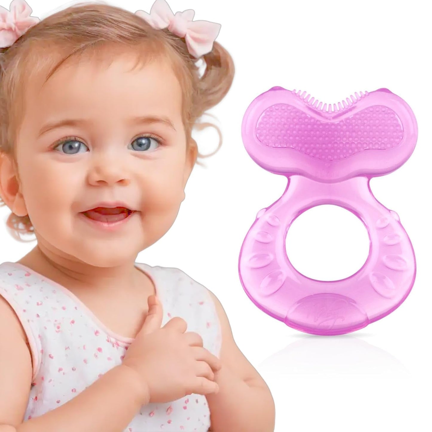 Nuby Teethe-eez Massaggiagengive in morbido silicone | Ausilio per la dentizione in silicone con superficie strutturata per massaggiare le gengive | Copertura igienica inclusa | Rosa | Da 3 mesi