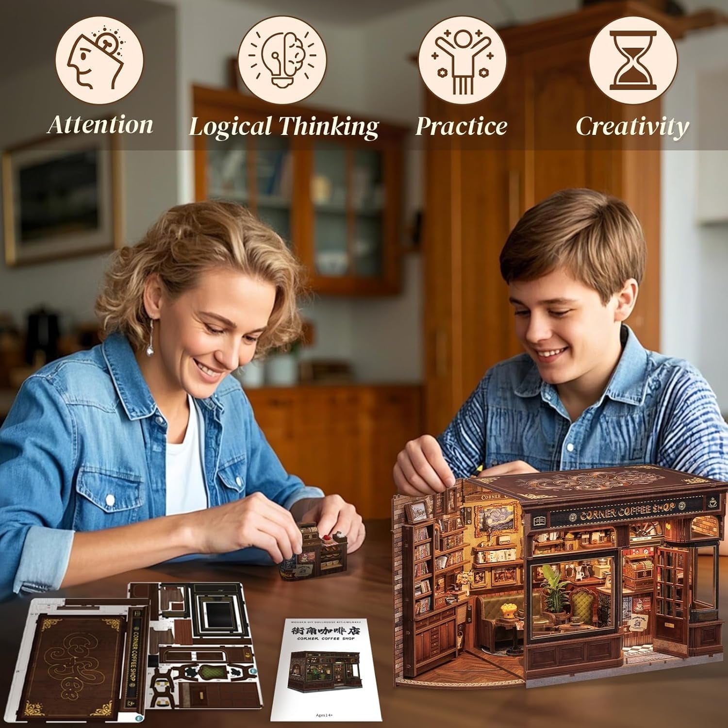 CUTEBEE Kit Angolo Libro - Case delle Bambole Fai-da-Te, Kit di Costruzione di Case in Miniatura Illuminate a LED per Adulti, Puzzle 3D in Legno e Supporto per Libri - Decorazione per Scaffale e Regalo (Corner Cafe)