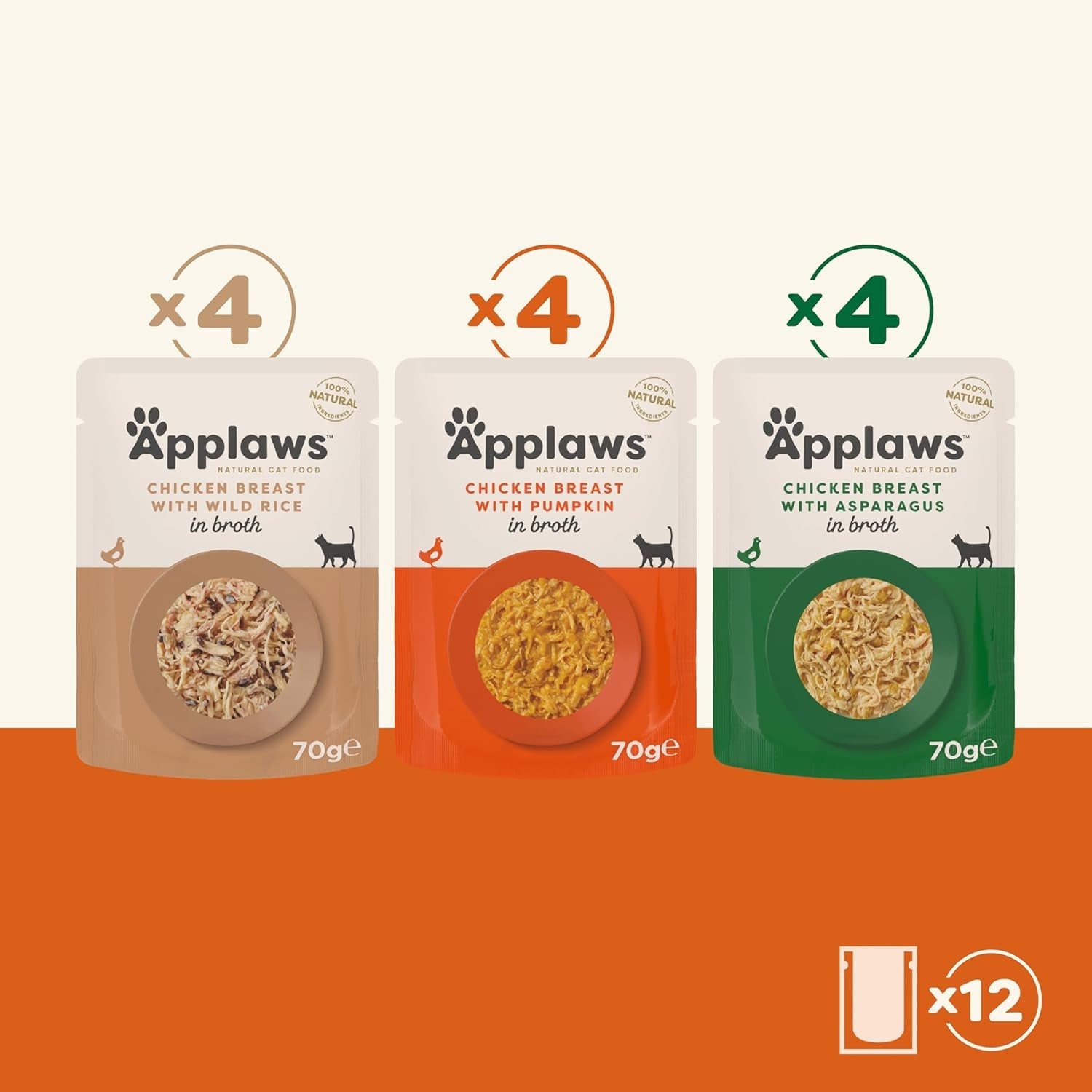Applaws Premium Natural Cibo umido per gatti, Selezione di Pollo in Zuppa Bustine Porzionate da 70 g (12x70 g)