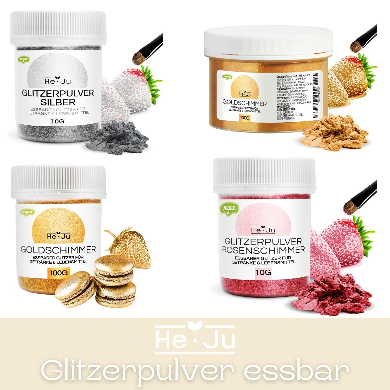 He-Ju Colorante alimentare liquido oro metallizzato 25 ml, glitter commestibile per bevande e alimenti (Oro metallizzato, 25 ml)
