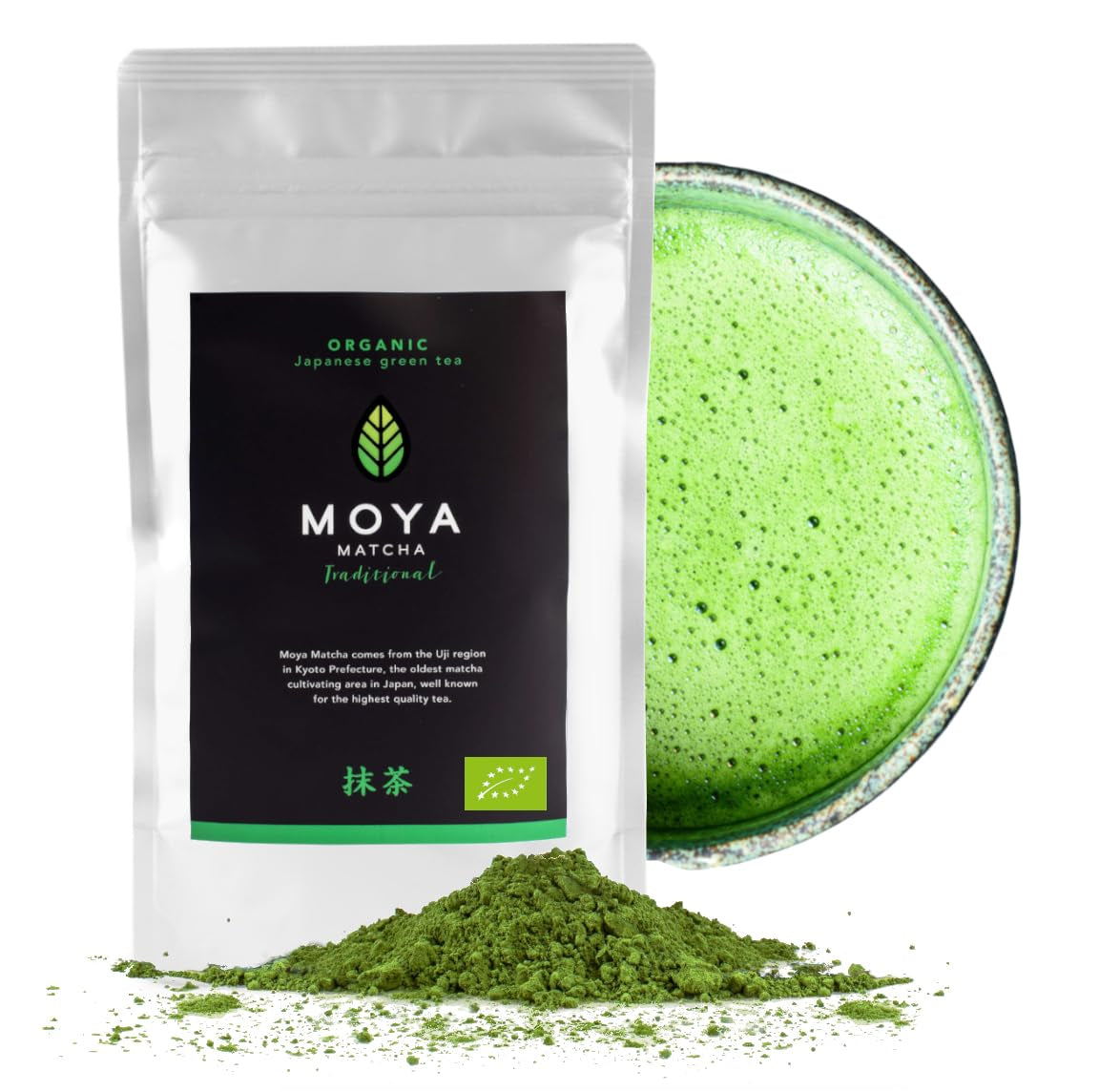 Tè verde biologico Moya Matcha in polvere | 100 g qualità cerimonia tradizionale 30 g | Coltivato e raccolto biologicamente a Uji, in Giappone | Perfetto da bere con acqua, matcha latte, frullati e limonate
