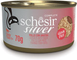 Pollo Silver con mousse e filetti d'anatra, alimento umido completo per gatti anziani, senza cereali, supporto immunitario, fonte di umidità, 12 x 70g