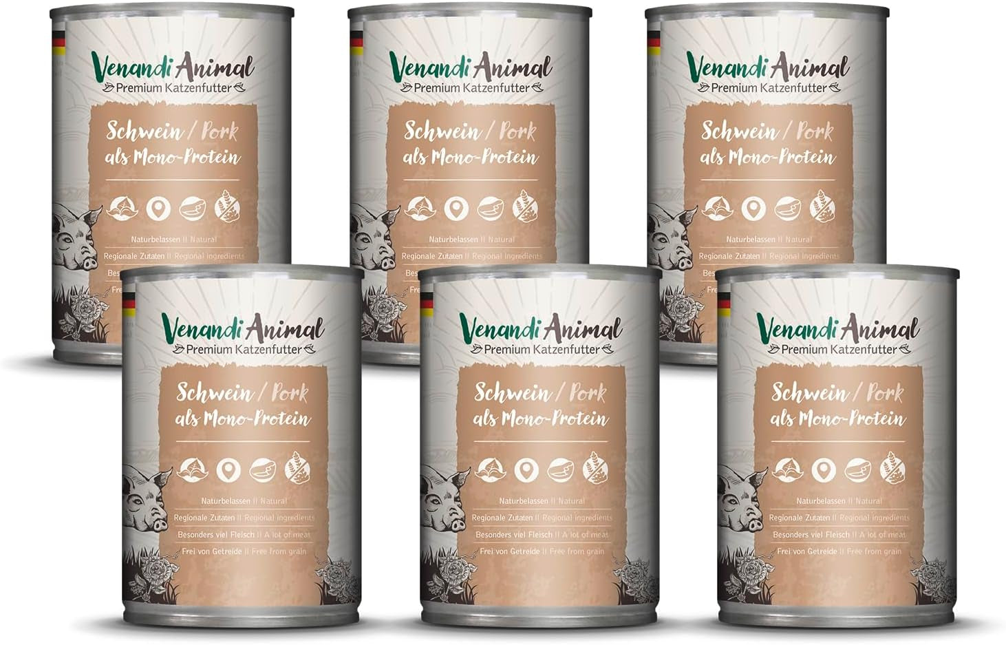 Venandi - Cibo umido per gatti premium - carne di maiale come unica proteina, 6 x 400 g (confezione da 6), senza cereali con carne extra