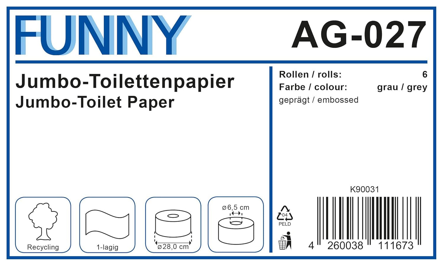 Funny AG-027 Carta igienica Jumbo, 1 velo, riciclata, diametro 28 cm (confezione da 6)