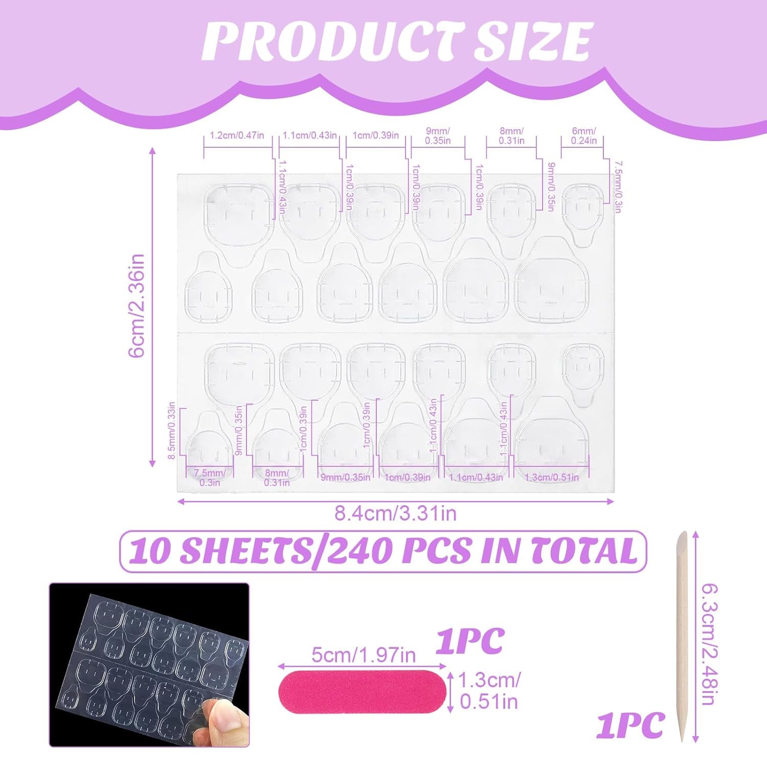 Tamponi di colla per unghie da 240 pezzi, foglio adesivo per unghie finte, 10 fogli adesivi biadesivi trasparenti e traspiranti super adesivi (gel gelatina) per manicure e unghie artificiali, incluso set manicure