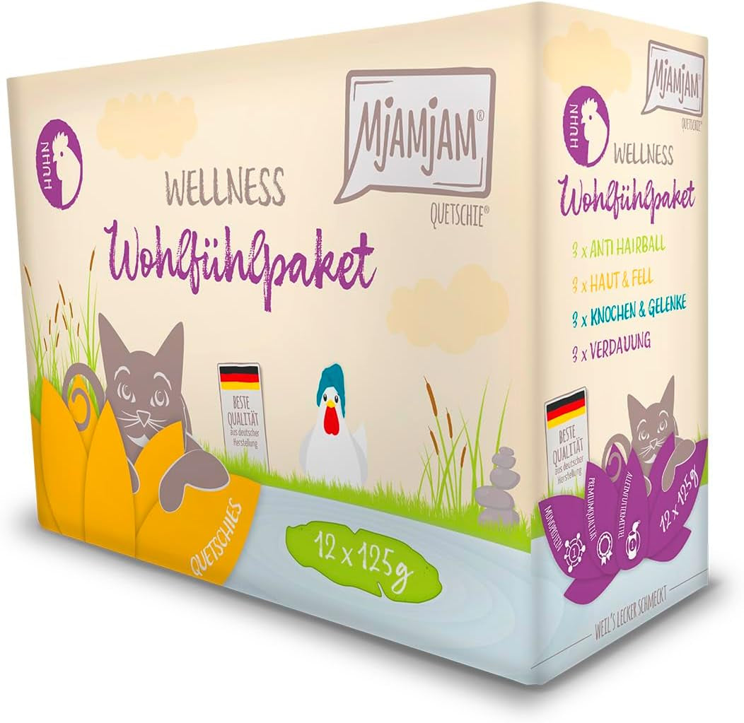 MjAMjAM - Alimento umido premium per gatti - Confezione benessere al pollo Confezione da 12 (12 x 125 g) Senza cereali con carne extra