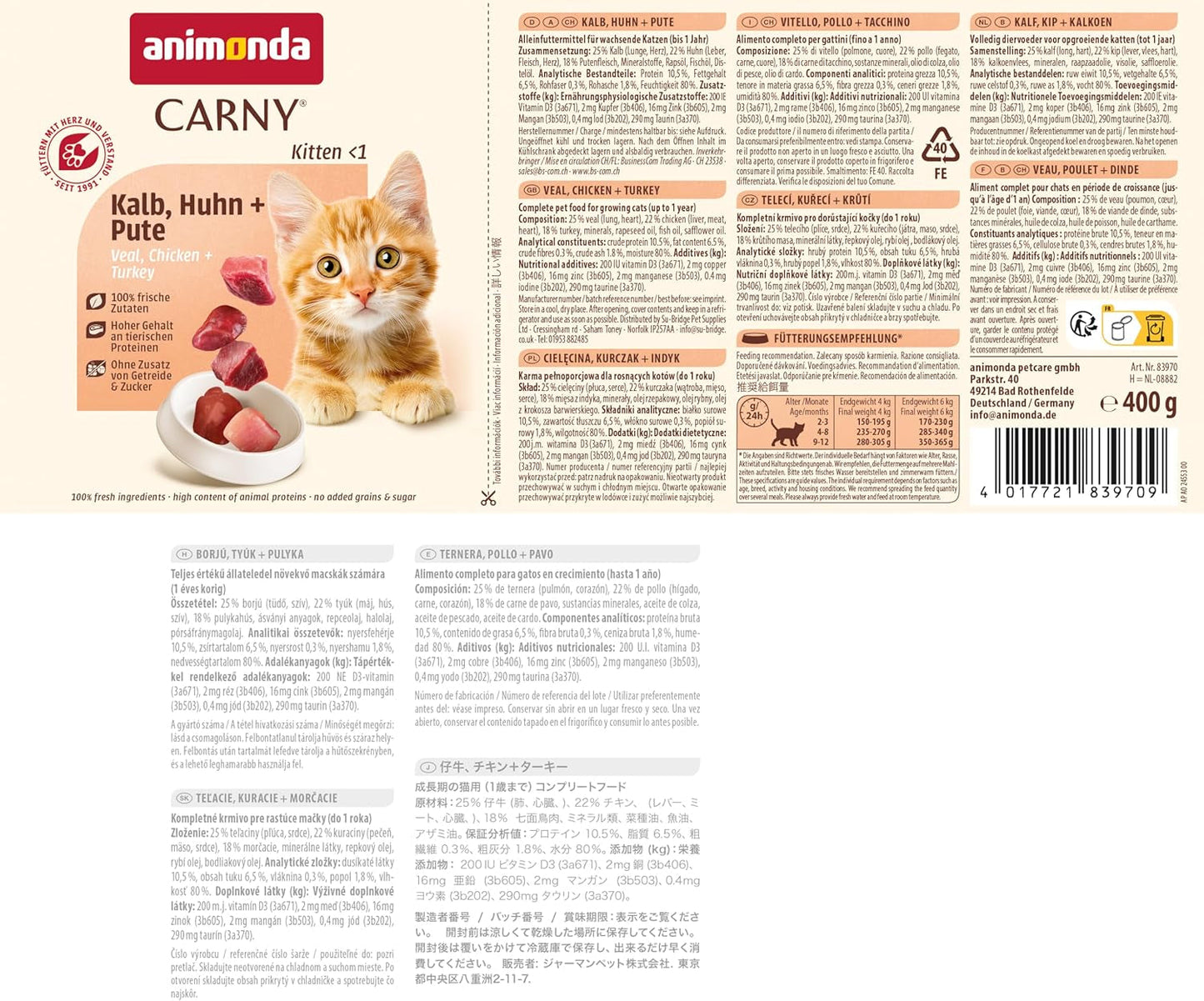 animonda Carny Katzen Nassfutter Kitten Chicken + Pute (12 x 400g), Kitten getreidefreies Katzennassfutter ohne Zucker für wachsende Kätzchen bis 1 Jahr, mit frischen Ingredient