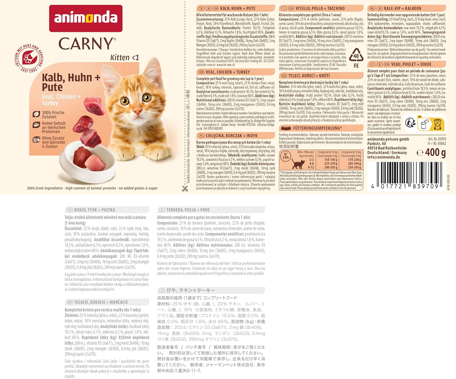 animonda Carny Katzen Nassfutter Kitten Chicken + Pute (12 x 400g), Kitten getreidefreies Katzennassfutter ohne Zucker für wachsende Kätzchen bis 1 Jahr, mit frischen Ingredient