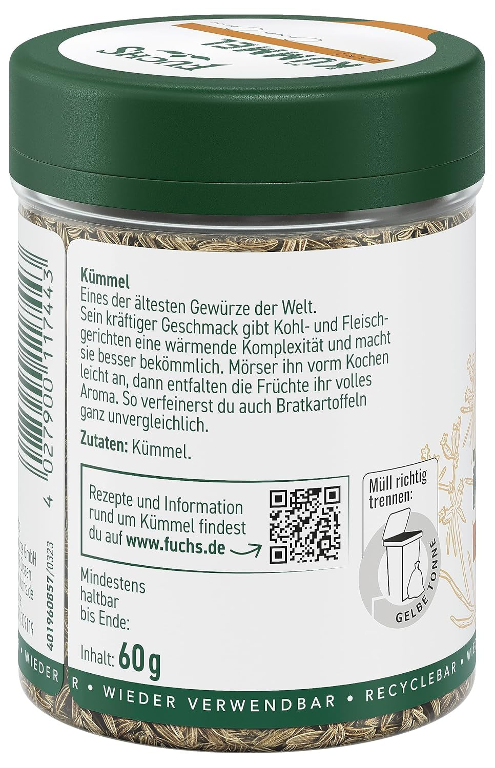 Fuchs Gewürze - Kümmel ganz - kräftiges Gewürz für Kohl- und Fleischgerichte oder zu Bratkartoffeln - ingrediente naturale - 60 g in wiederverwendbarer, recyclebarer Dose