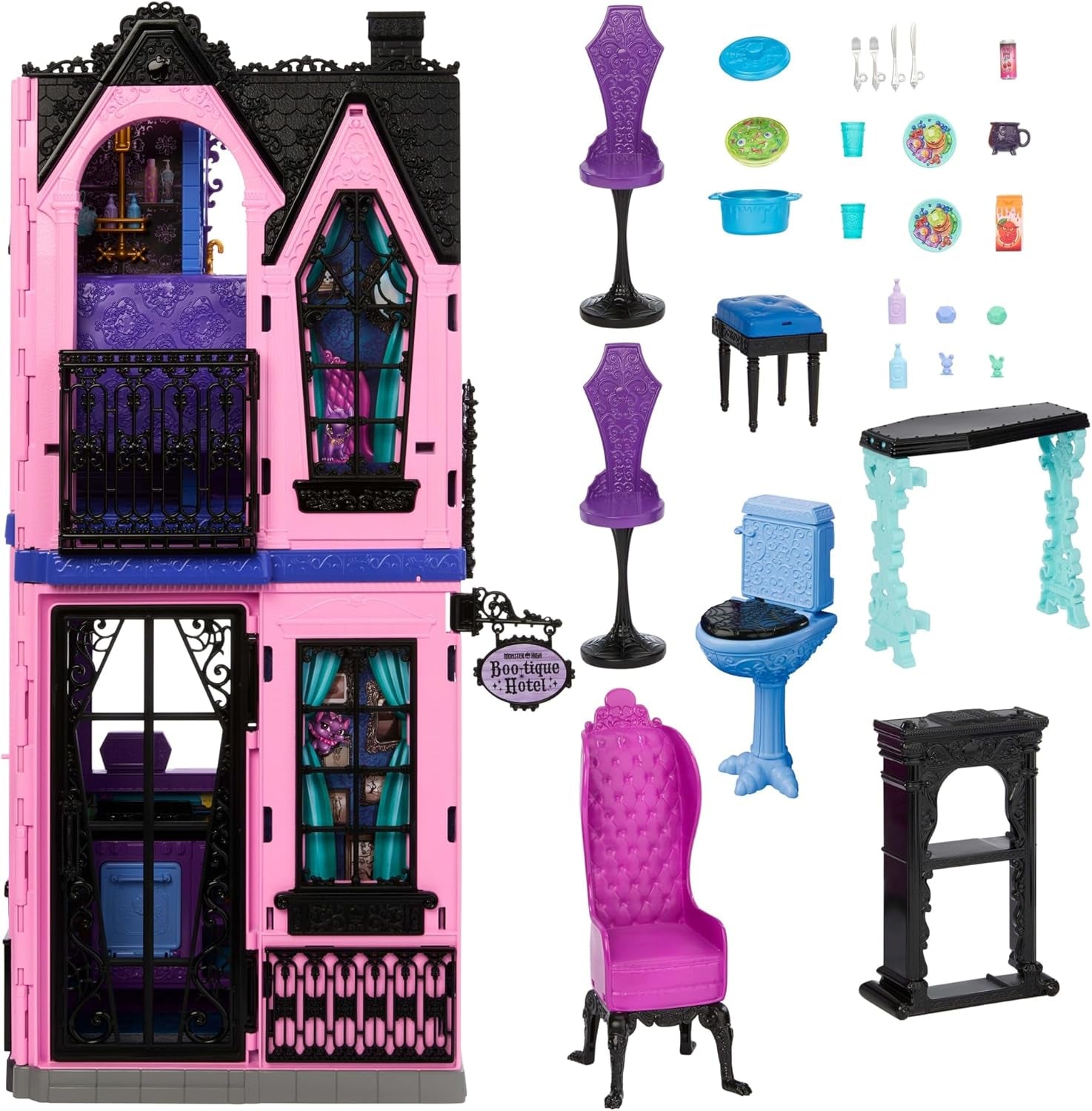 Casa delle bambole Monster High Buh-tique Hotel, set da gioco pieghevole con sorprese spaventose in ogni stanza e oltre 13 set da gioco, inclusi mobili e accessori, JBF16
