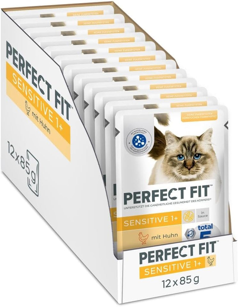 Cibo umido per gatti Perfect Fit Sensitive 1+ con pollo in salsa, 12 bustine, 12 x 85 g - Cibo umido premium per gatti sensibili a partire da 1 anno, senza frumento e soia, per favorire la digestione