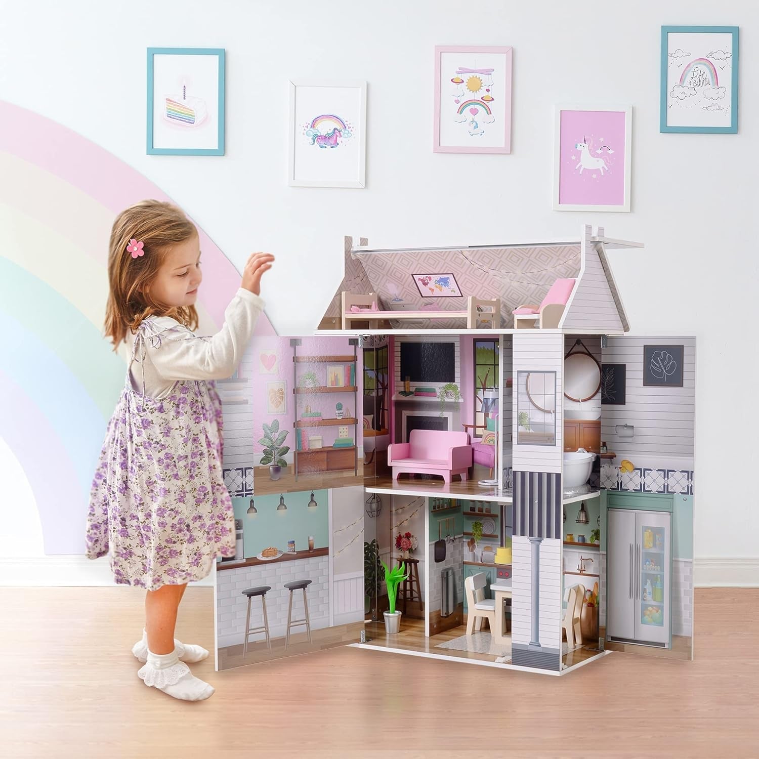 Olivia's Little World Dreamland Casa delle bambole interattiva in legno a 3 livelli con 13 accessori per mobili per bambole Bianco TD-13632A