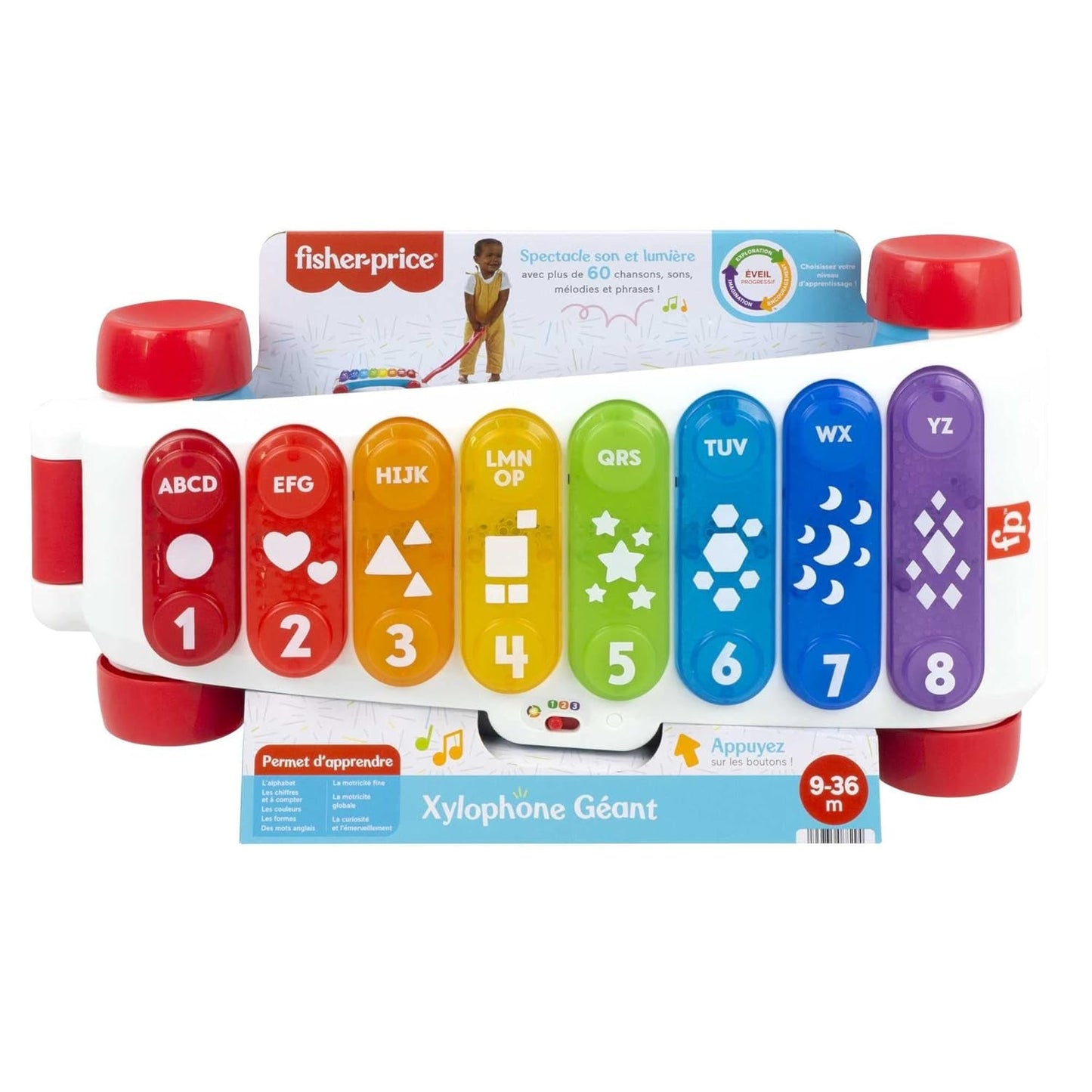Fisher-Price Xilofono gigante luminoso - strumento musicale elettronico da trascinare con canzoni con contenuti didattici, per bambini, neonati a partire da 9 mesi, multicolore, versione: francese, HJK40 Jucarii Bebe Naty Shop
