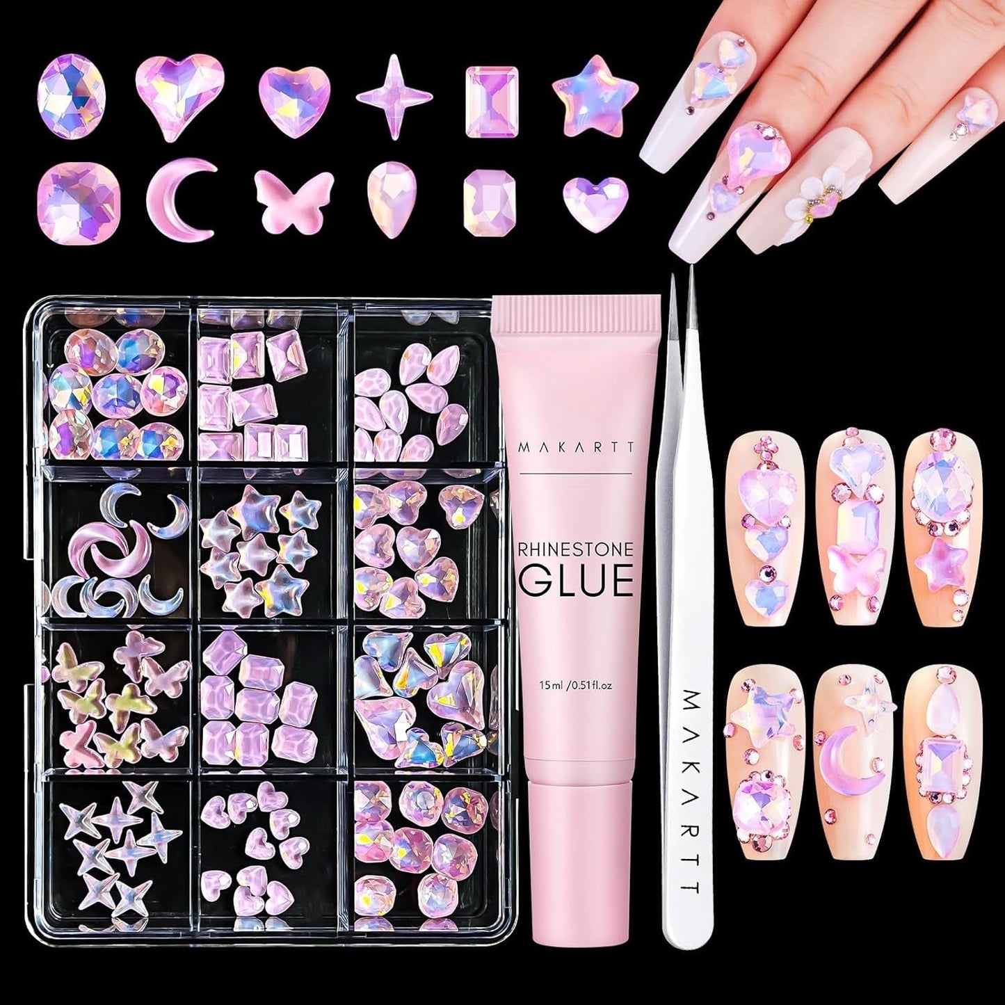 Makartt Gel adesivo per strass - Set di colla UV per unghie da 15 ml con ciondoli per unghie rosa Cuore Cerchio Gioielli per unghie e accessori per design delle unghie per manicure domestica Regalo di San Valentino