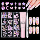 Makartt Gel adesivo per strass - Set di colla UV per unghie da 15 ml con ciondoli per unghie rosa Cuore Cerchio Gioielli per unghie e accessori per design delle unghie per manicure domestica Regalo di San Valentino