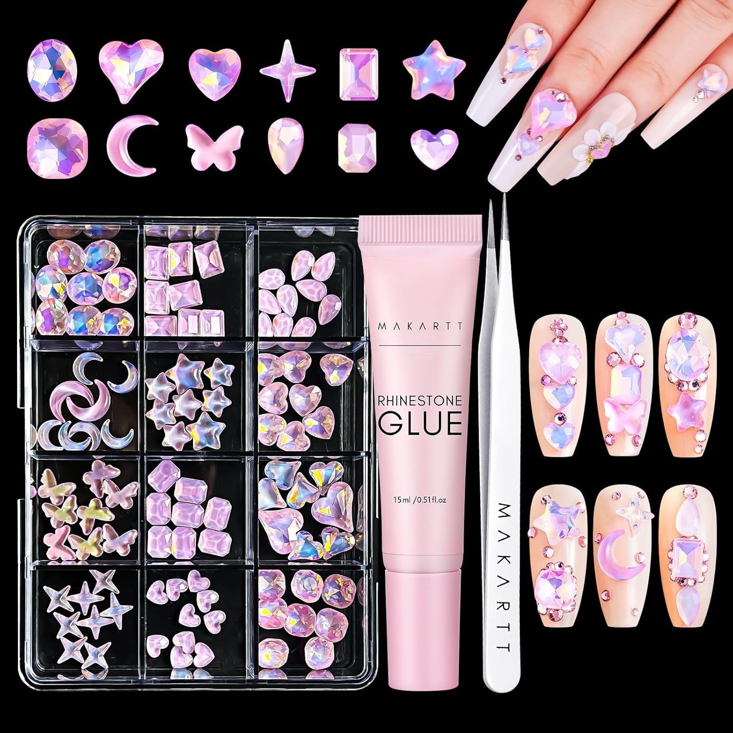 Makartt Gel adesivo per strass - Set di colla UV per unghie da 15 ml con ciondoli per unghie rosa Cuore Cerchio Gioielli per unghie e accessori per design delle unghie per manicure domestica Regalo di San Valentino