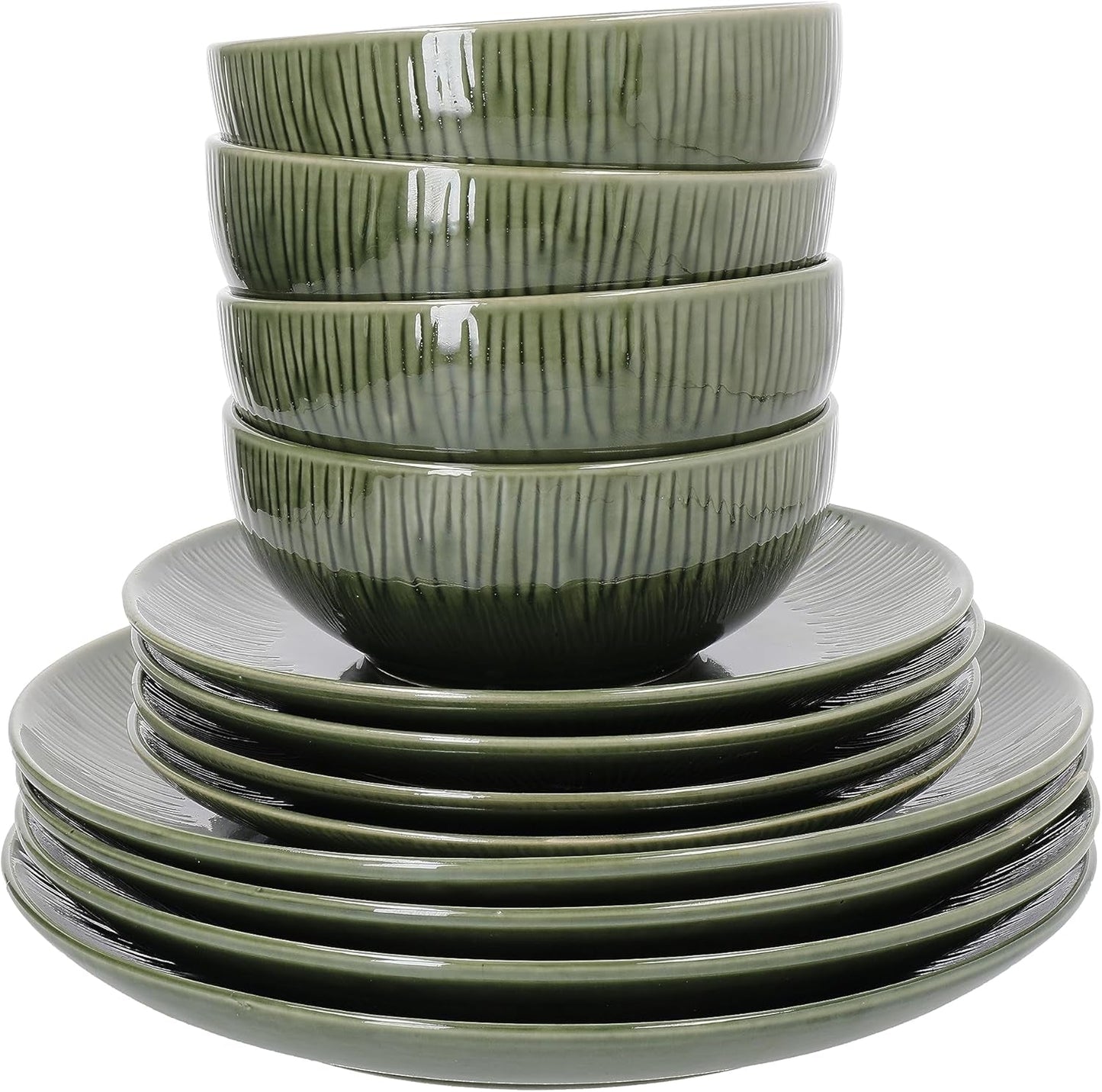 Mikasa Jardin Servizio Piatti 12 Pezzi, Servizio Piatti in Gres per 4 Persone con Piatti, Piattini e Ciotole, Verde - Confezione Regalo e Lavabile in Lavastoviglie
