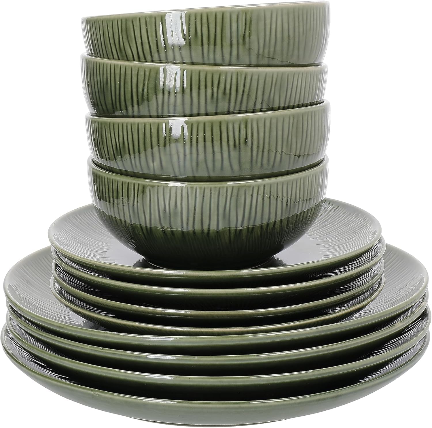 Mikasa Jardin Servizio Piatti 12 Pezzi, Servizio Piatti in Gres per 4 Persone con Piatti, Piattini e Ciotole, Verde - Confezione Regalo e Lavabile in Lavastoviglie